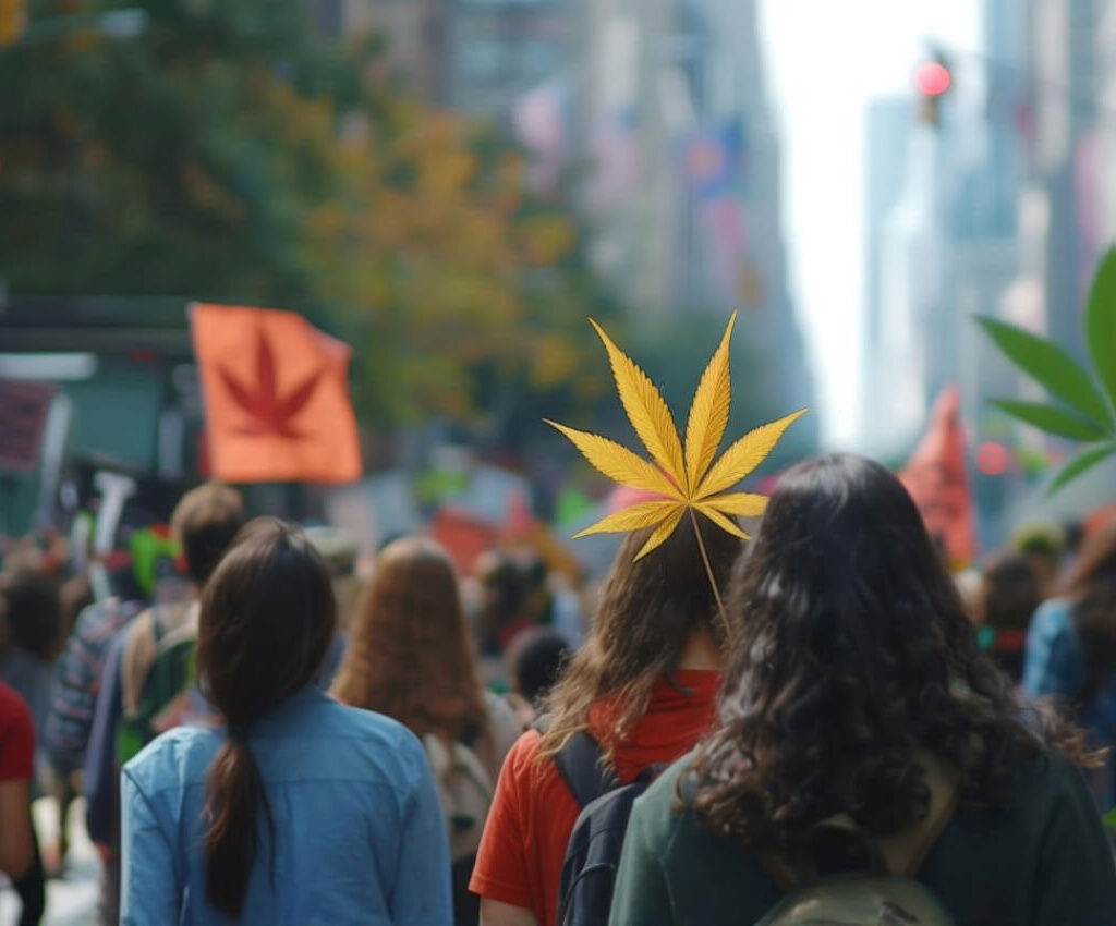 Cannabis protest highlighting activism for legalization and social justice, featuring passionate advocates with signs