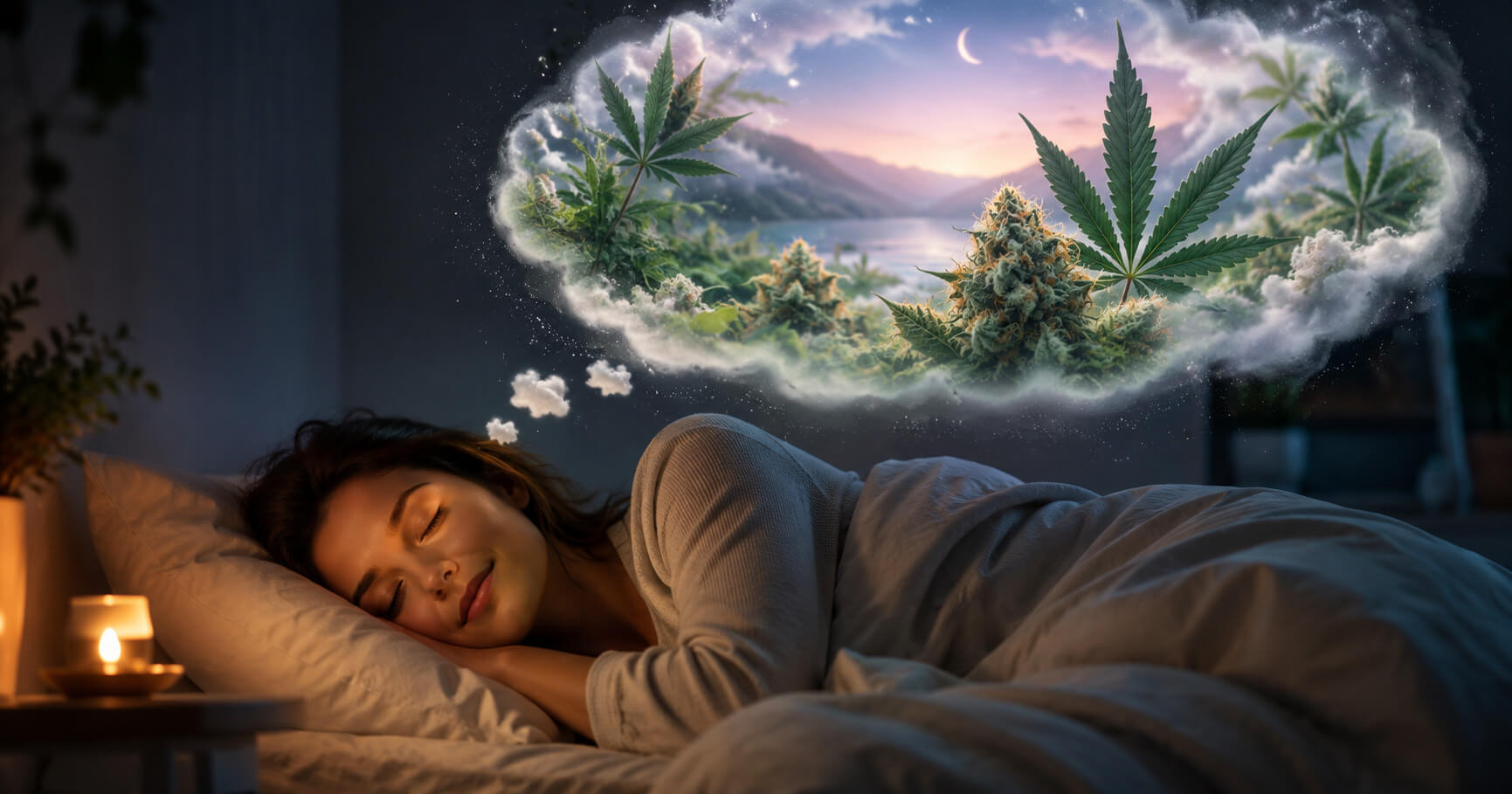 Cannabis nug tucked into a white bed, representing the calming effects of cannabis for better sleep at CREAM cannabis dispensary in Jersey City.